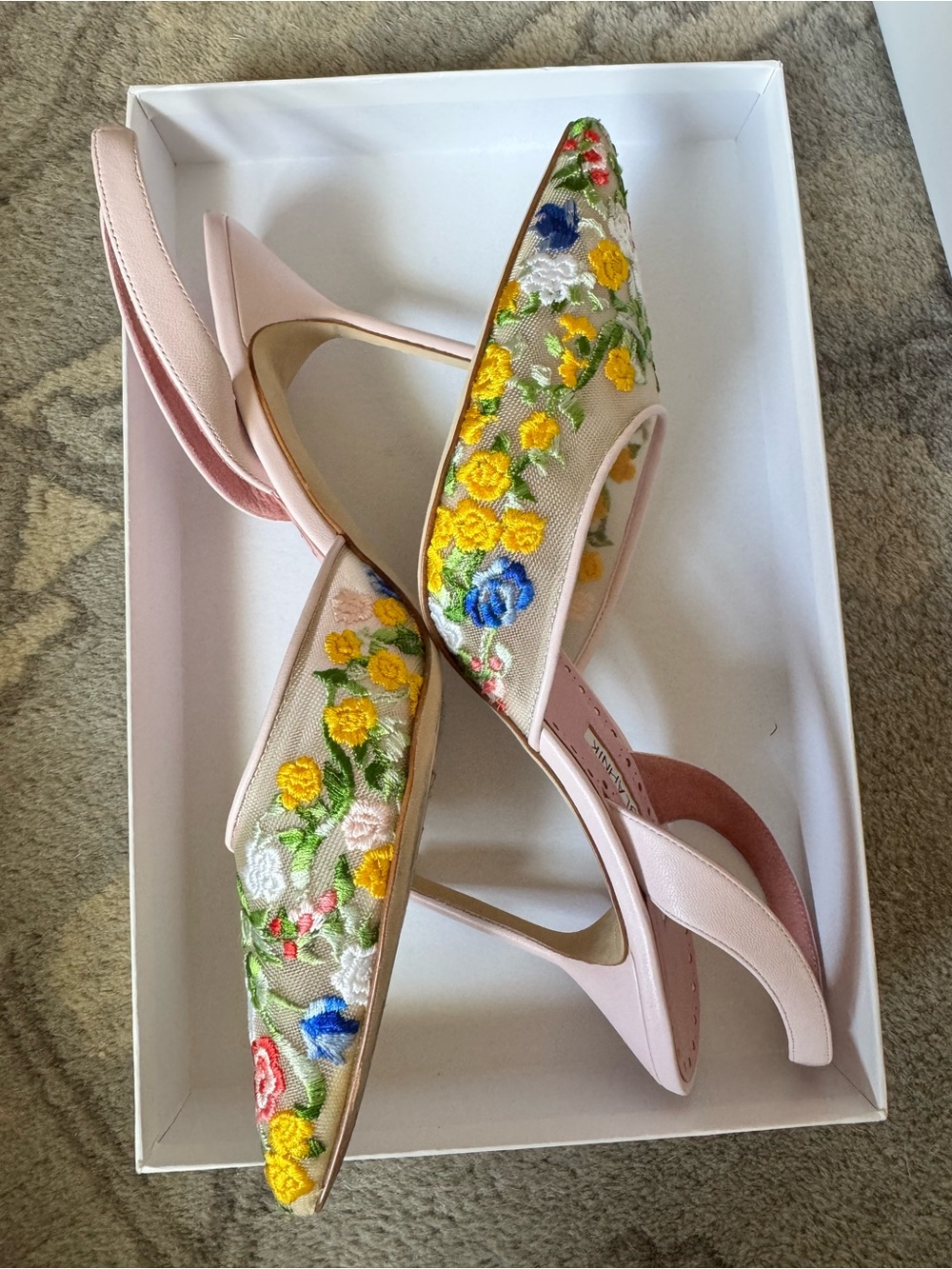 Manolo Blahnik Jardoline Pink Embroidered Floral Slingback Pumps - Picture 2 of 7